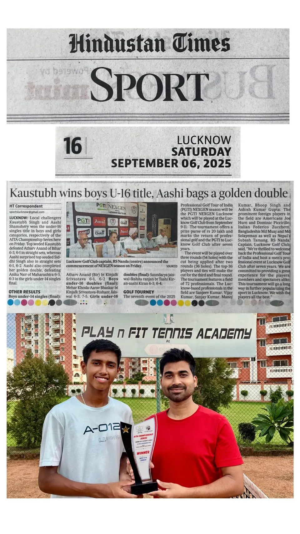 Academy photo: Kaustubh wins the boys’ U-16 title (Hindustan Times, 6 September 2025)